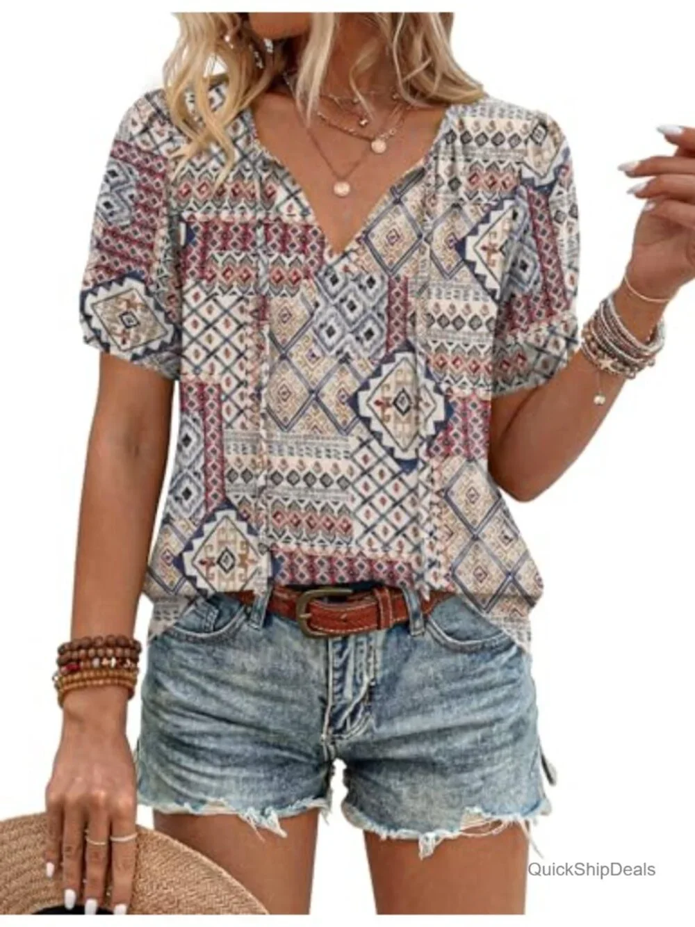 Boho Peasant Blouse Puff Sleeve V Neck Tie Front Tunic Soft Rayon Short Sleeve